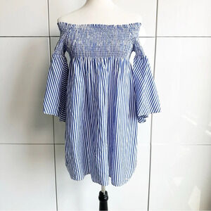 Zara Smocked Dress Tunic Top Bell Sleeves Size Large Blue and White Stripe